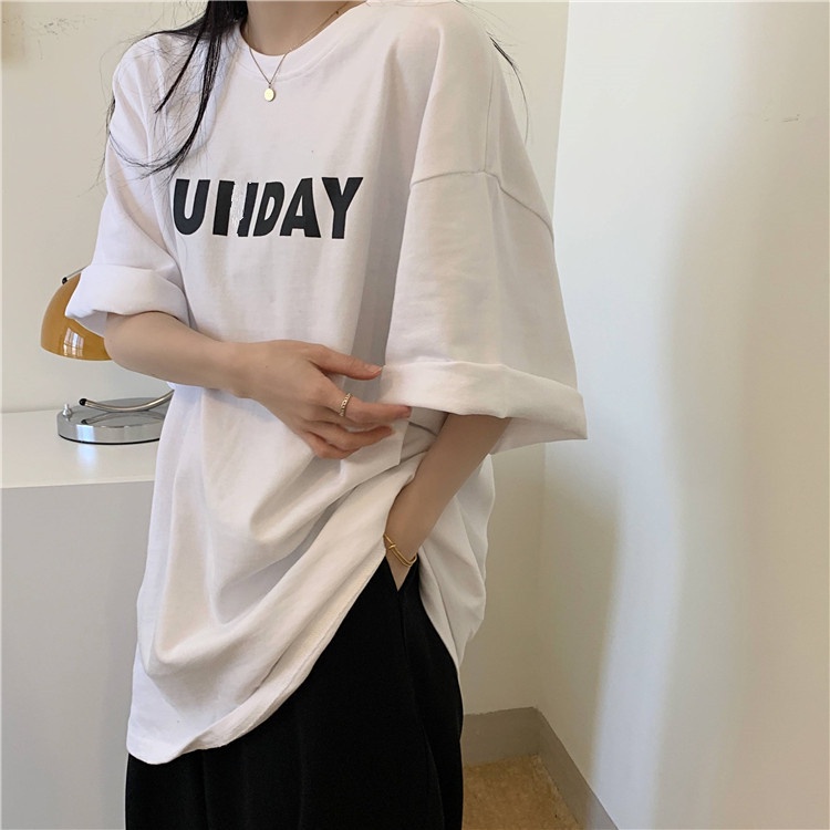 Áo Thun Tay Ngắn Cổ Tròn Dáng Rộng In Chữ Kiểu Hàn Quốc Thời Trang Mùa Hè Mới Cho Nữ