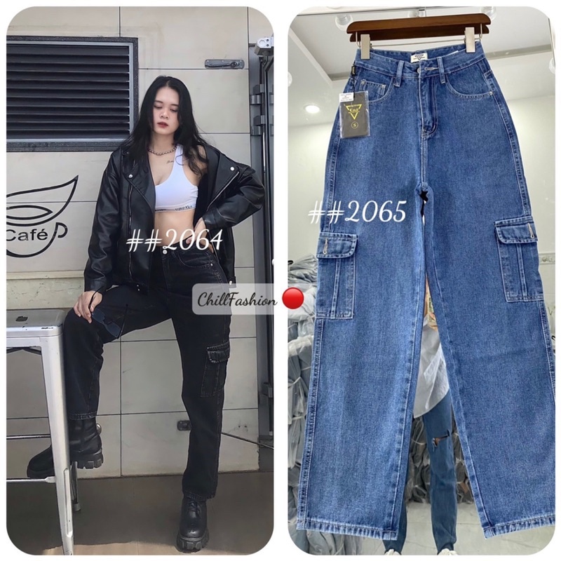 Quần bò nữ ống rộng túi hộp màu đen thời trang