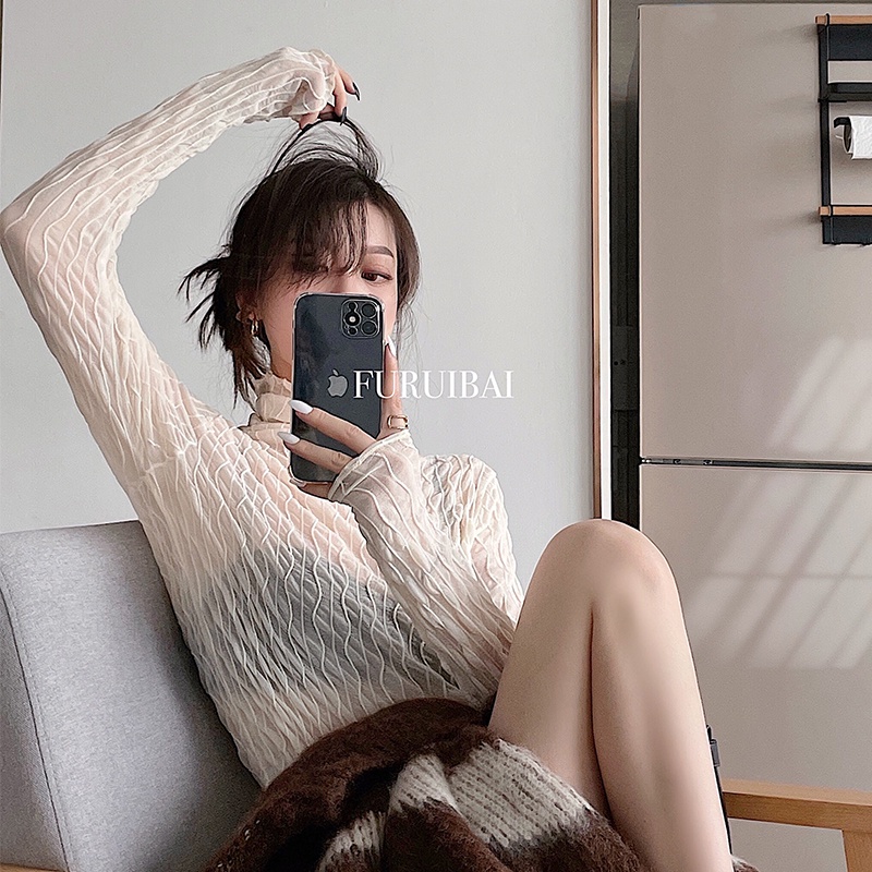 HUANG YOYO Áo Tay Dài Cổ Lọ Phối Ren Mỏng Thời Trang Quyến Rũ Cho Nữ áo croptop