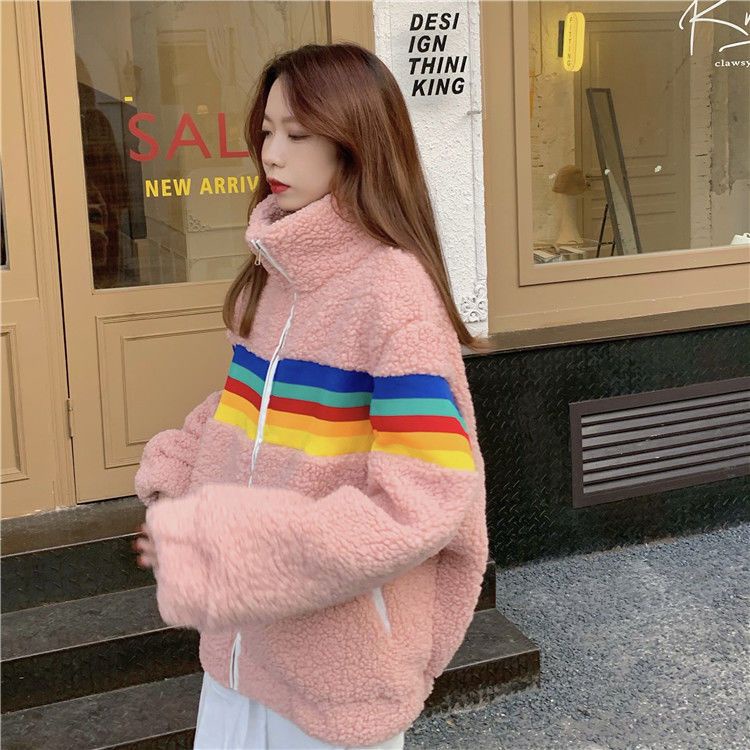 Jiashucheng Áo Khoác Len Lông Cừu Dày Dáng Rộng Màu Cầu Vồng Phong Cách Hàn Quốc Mới