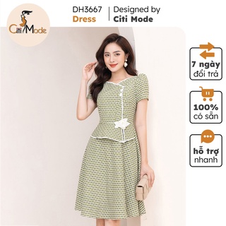 Đầm công sở CITI MODE peplum màu xanh thiết kế cổ lệch thêu hoa eo DH3667