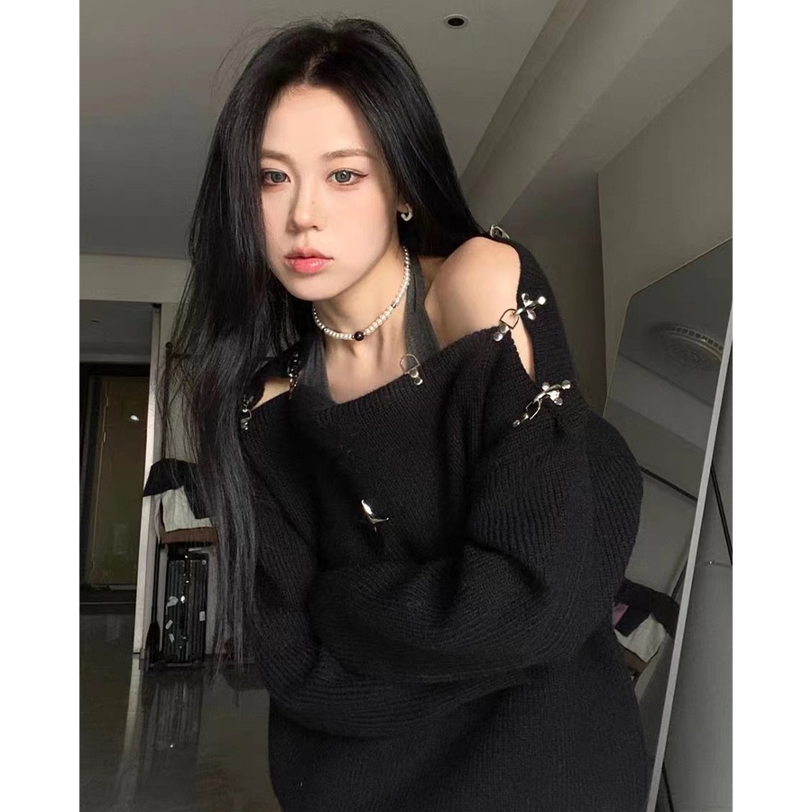 Áo Sweater Dệt Kim Trễ Vai Dáng Rộng Thời Trang Mùa Thu Cho Phái Nữ
