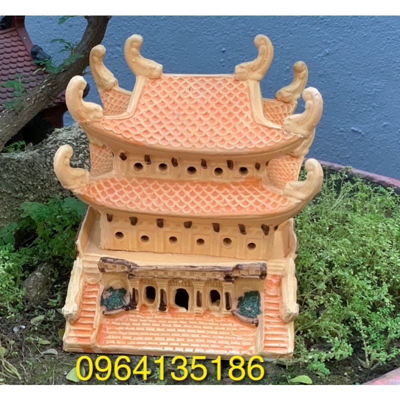 Tiểu cảnh Chùa hai tầng mái rồng h18cm gốm sứ Bát Tràng