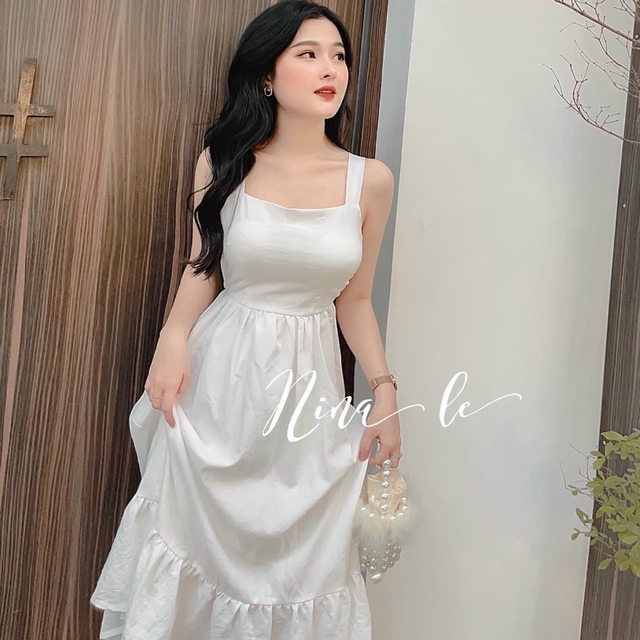 Đầm nữ hai dây ,chân váy xoè lưng cột nơ, màu trắng dịu dàng phù hợp đi tiệc,dạo phố