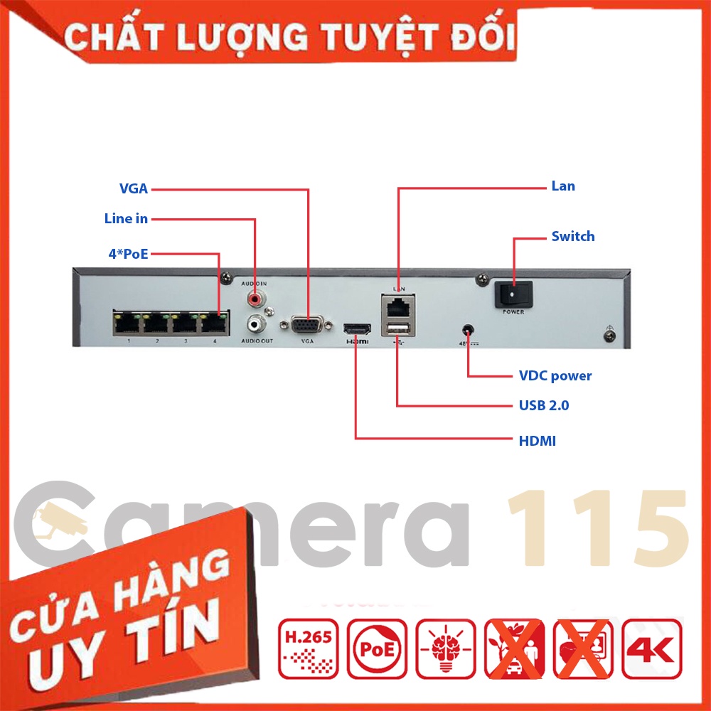 Đầu ghi hình IP  HIKVISION POE cấp nguồn qua dây mạng DS-7604NI-K1/4P (C)