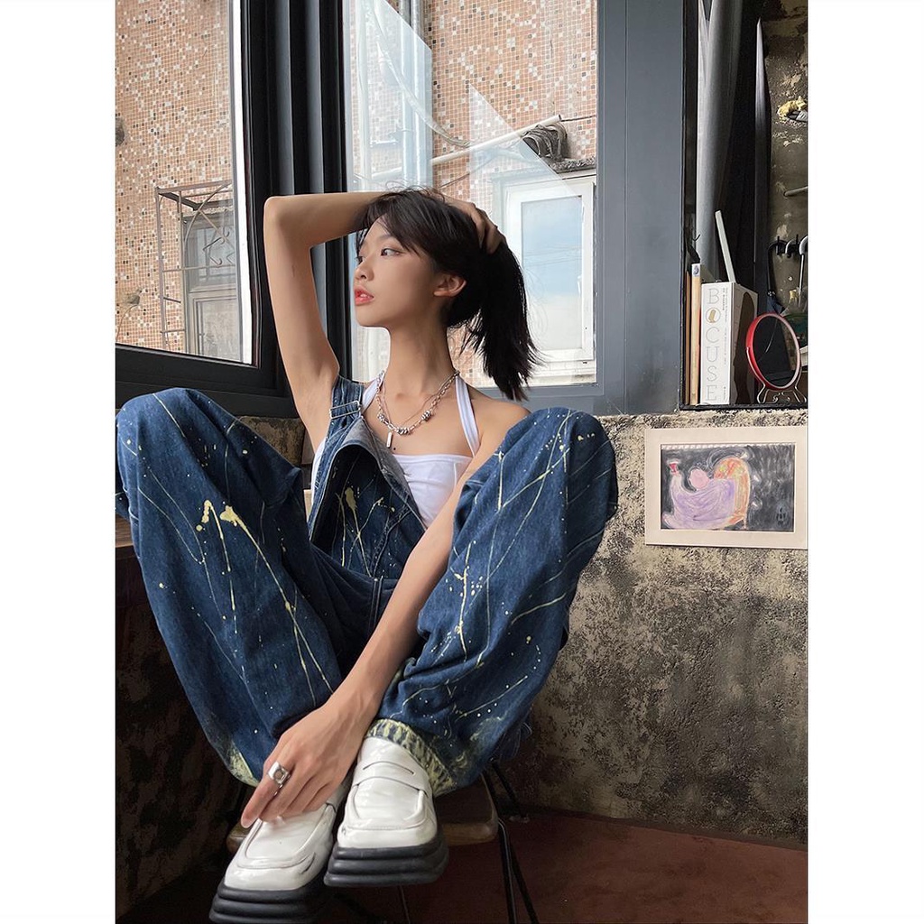 Honypove Quần yếm denim ống rộng phong cách hiphop thời trang đường phố cho nữ