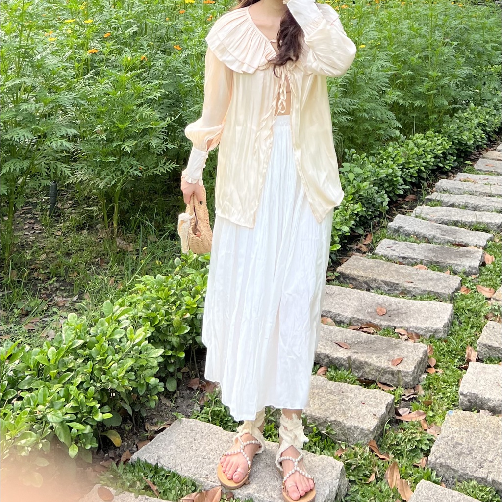 Áo sơ mi kiểu nữ tay dài chất liệu organza 2 màu nude và trắng
