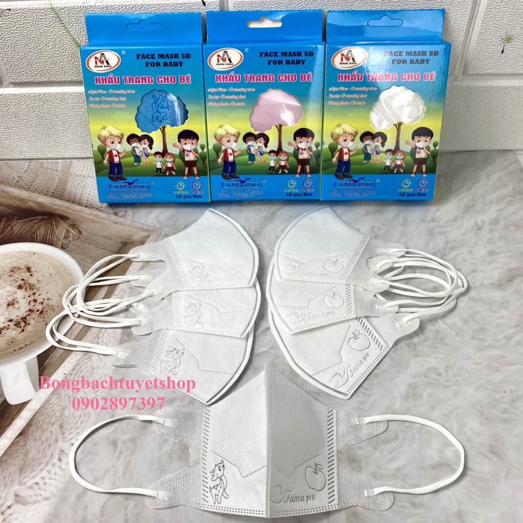Khẩu trang 5D CHO BÉ FAMAPRO MÀU TRƠN 3 lớp kháng khuẩn hộp 10 cái màu Trắng / Xanh / Hồng