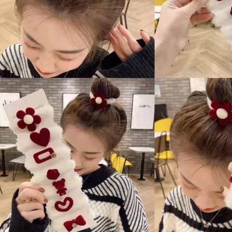 [Set 7 chiếc] dây buộc cột tóc co giãn phối lông nhung màu đỏ ngọt ngào ( #chun buộc tóc)