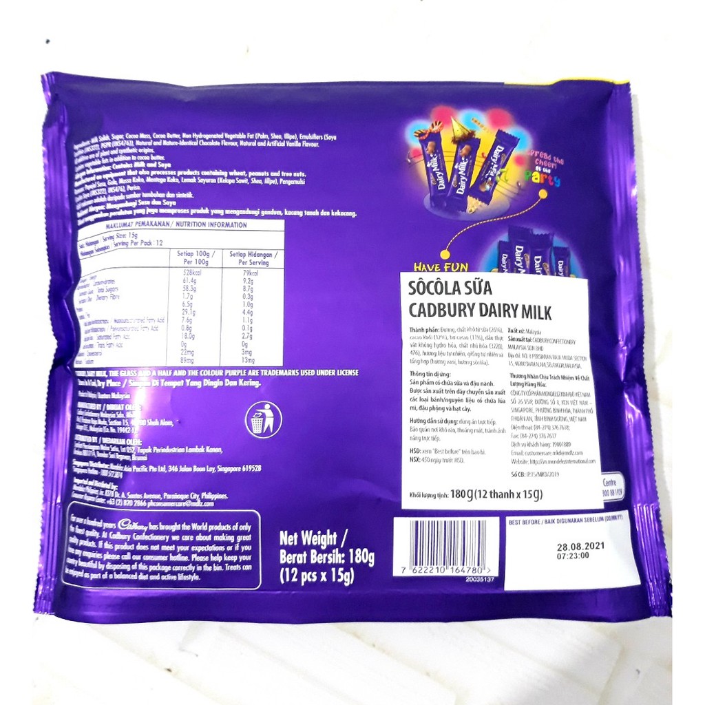 Socola Sữa Cadbury Dairy Milk Gói 150g (10 thanh x 15g)