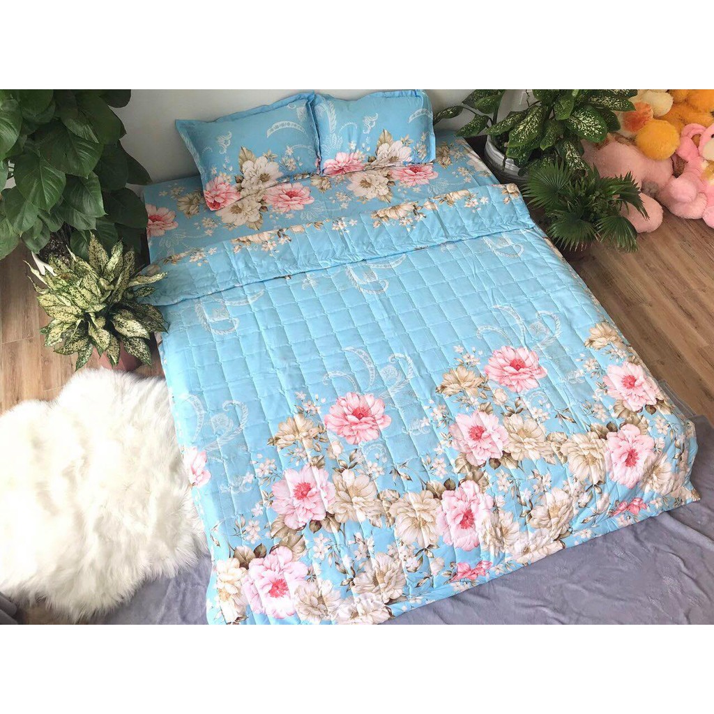 Sét Chăn Ga Gối 5 Món Cotton Poly Emmidecor Mẫu Hoa Xanh