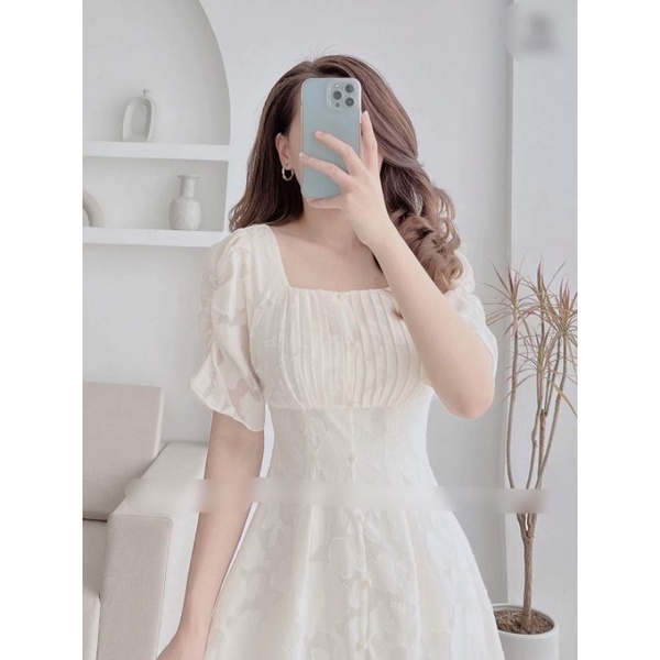 Đầm cổ vuông tay phồng xếp li ngực Pora Dress