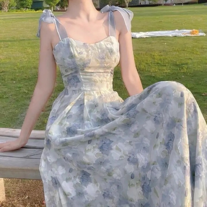 Đầm maxi váy hai dây dáng dài hoa xanh