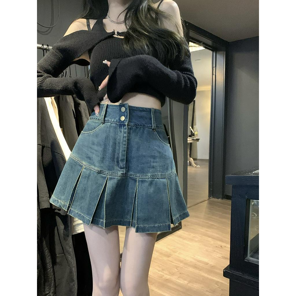 Chân Váy Denim Chữ a Lưng Cao Xếp Ly Cài Nút Thời Trang 62155