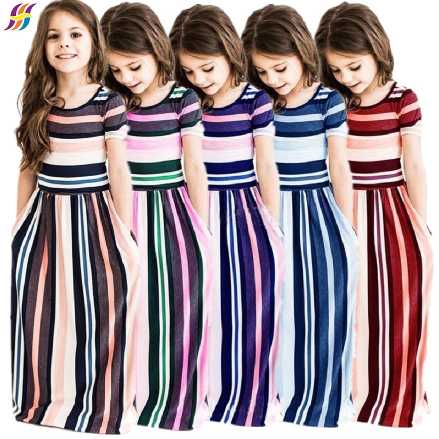 Đầm Maxi Tay Ngắn Cổ Tròn Họa Tiết Kẻ Sọc Dáng Chữ A Thời Trang Xinh Xắn Cho Bé Gái 1-7 Tuổi