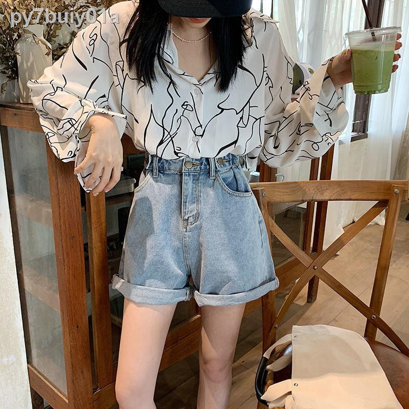 quần short denim cạp cao nữ sinh hè 2021 Phiên bản Hàn Quốc của ống rộng ôm vừa vặn phù hợp với tất cả các kiểu đa