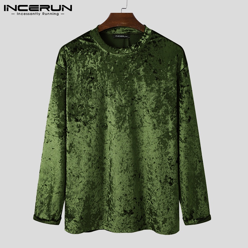 Áo thun nam INCERUN ấm áp cổ tròn màu trơn tay dài thời trang thường ngày