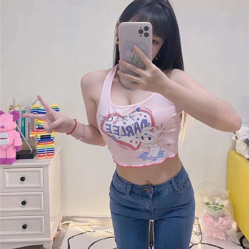 Áo Hai Dây Dáng Ngắn In Họa Tiết Trái Tim Phong Cách Nhật Bản Thời Trang Mùa Hè Mới Cho Nữ
