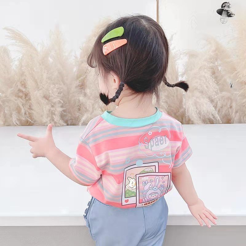 Áo Thun Tay Ngắn Kẻ Sọc Họa Tiết Hoạt Hình Phong Cách Hàn Quốc Cho Bé Gái