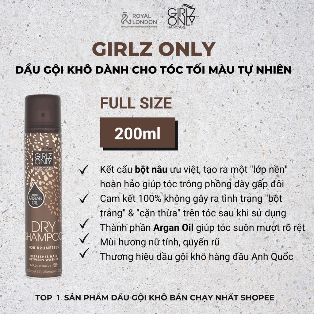 Dầu Gội Khô Girlz Only Dry Shampoo For Brunette Nâu Hỗ Trợ Làm Phồng Tóc 200ml