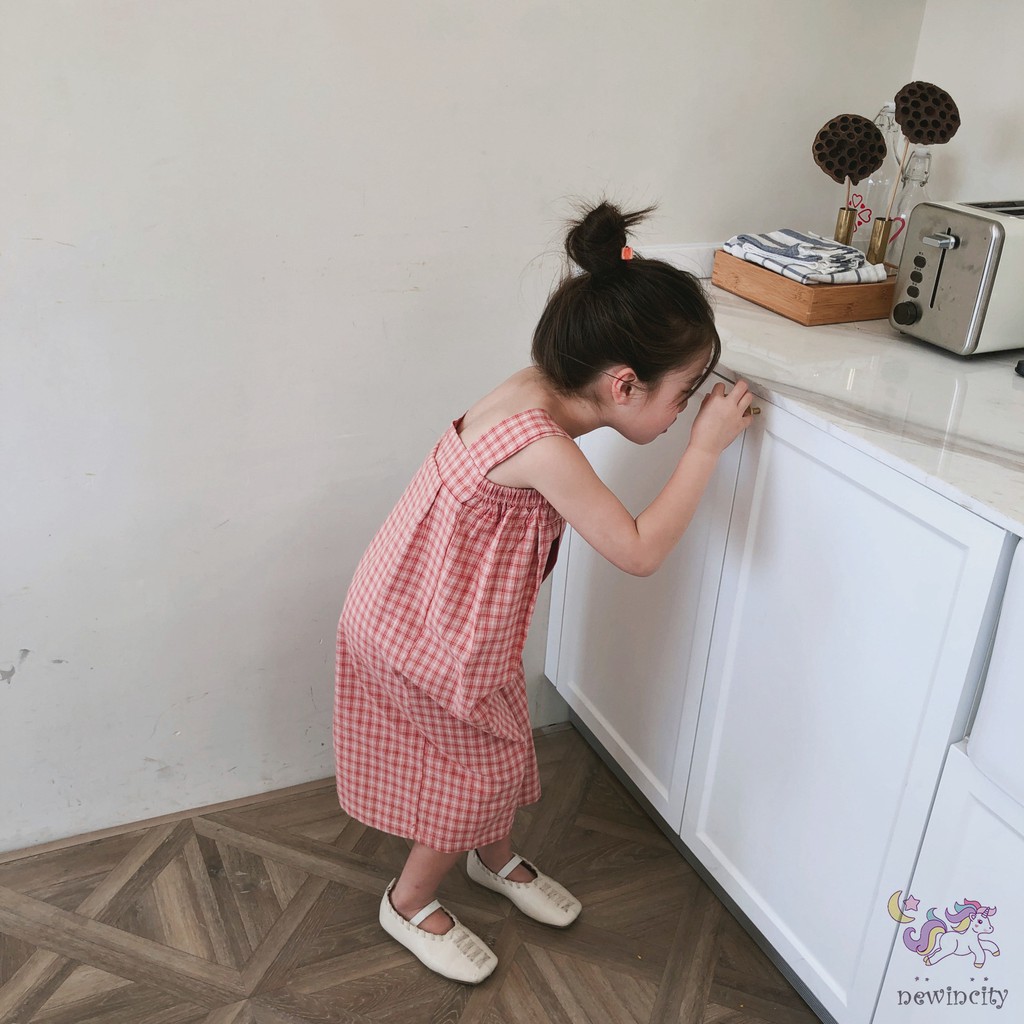 Bộ Áo Liền Quần Họa Tiết Sọc Caro Phong Cách Hàn Quốc Cho Bé Gái