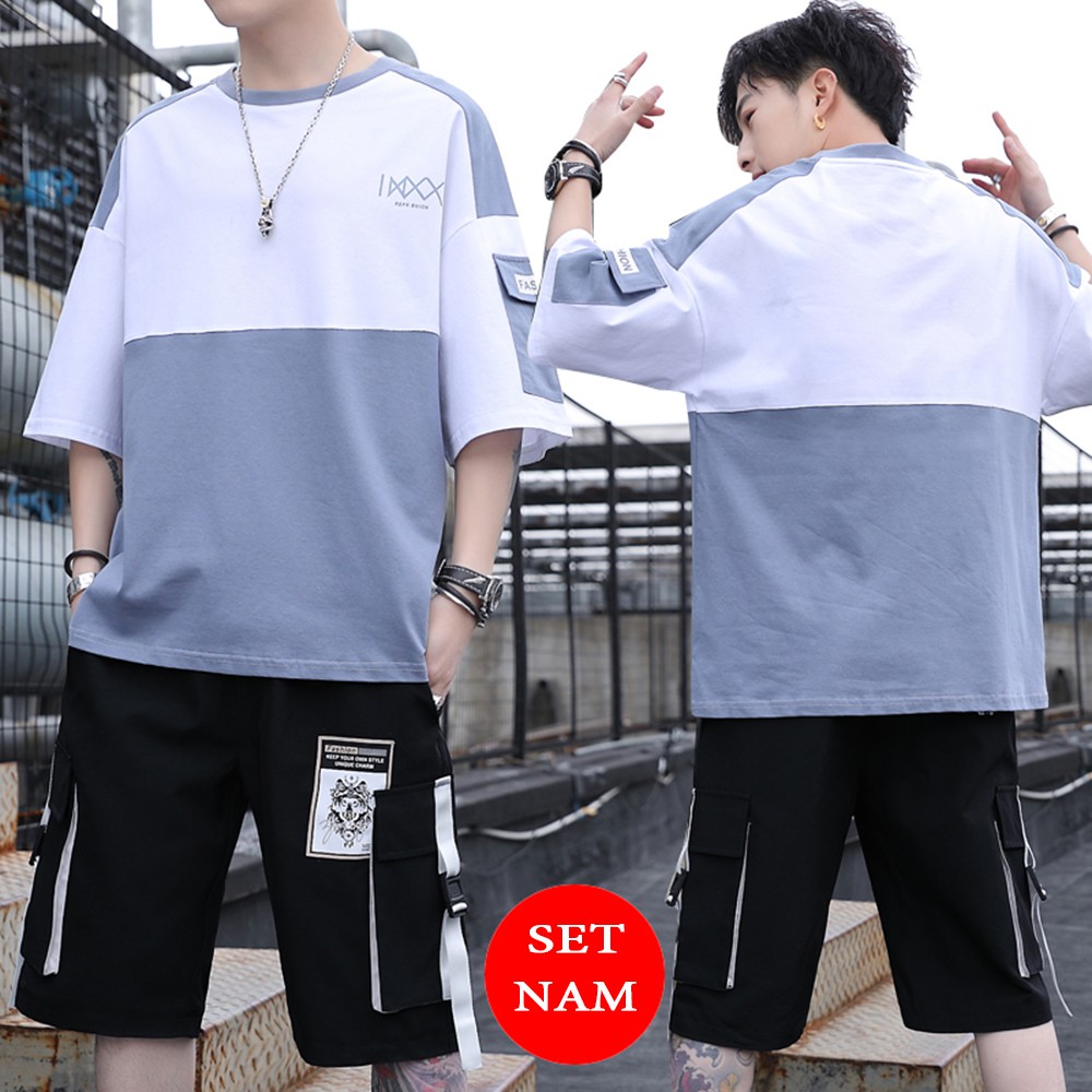 Bộ Quần Áo Thun Nam Thể Thao Ngắn Tay Cổ Tròn Phối Quần Short Túi Hộp Phối Dây MENFASHION1989 90000151
