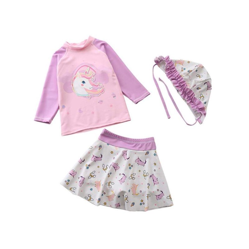 (Có sẵn, kèm mũ) Set đồ bơi bé gái kèm mũ hoạ tiết pony