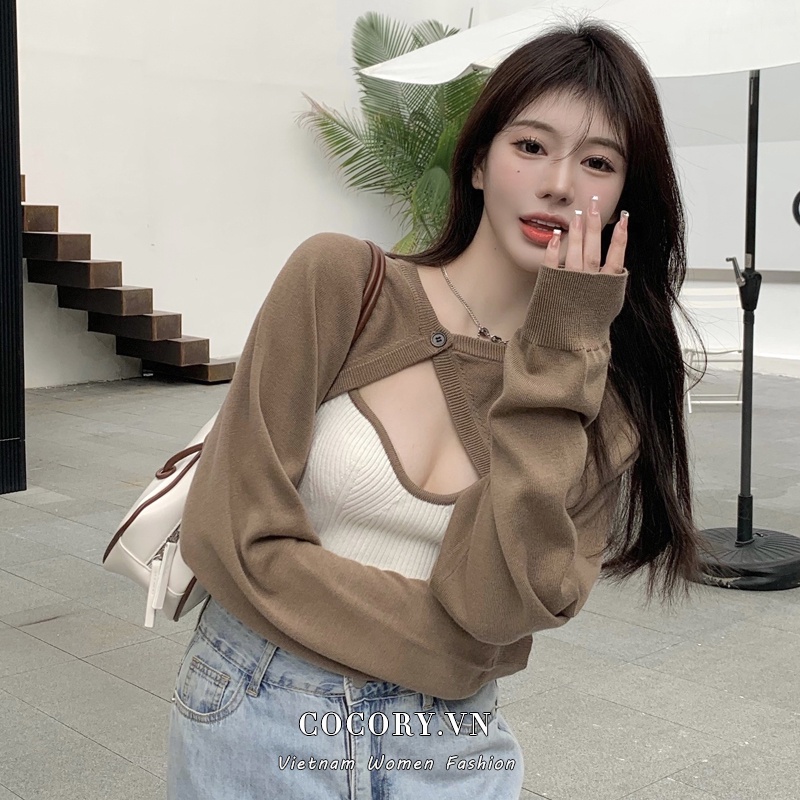 Cocory vn Set áo cardigan tay dài + áo hai dây dệt kim màu tương phản gợi cảm cho nữ