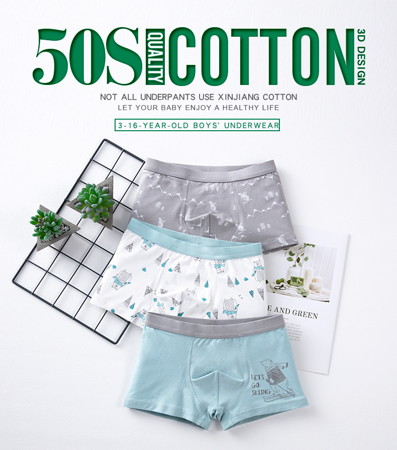 Bộ 3 Quần Lót Boxer Cotton In Họa Tiết Hoạt Hình Cho Bé Trai 50s