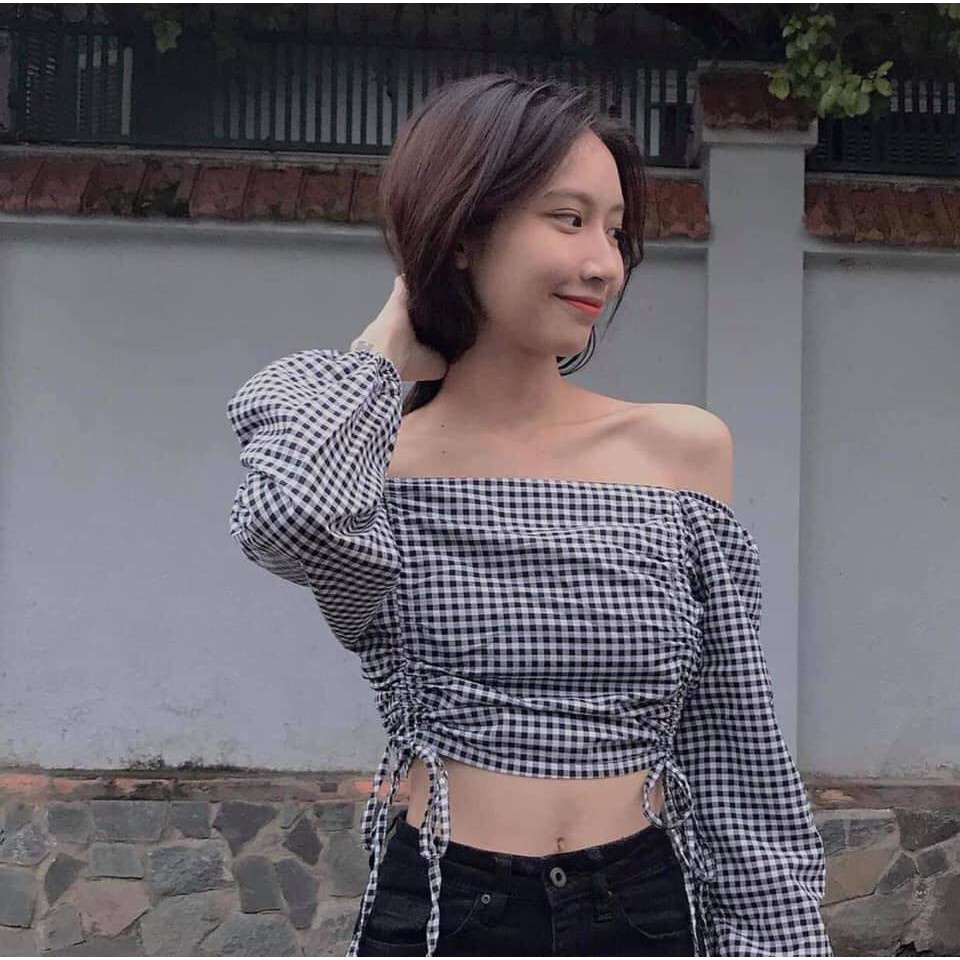 ÁO CROPTOP KẺ TRỄ VAI - ÁO CARO RÚT DÂY ULZZANG