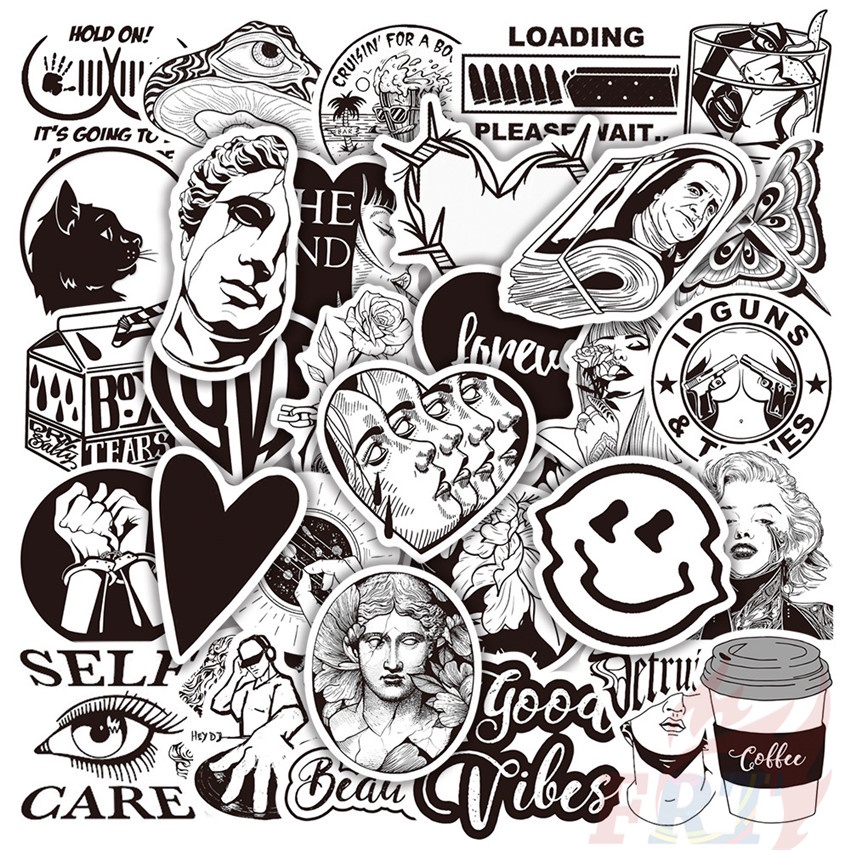❉ Bộ 01 Sticker Dán Trang Trí Hình Nghệ Thuật Màu Trắng Đen Kiểu Cổ Điển ❉ Set 50 Sticker Họa Tiết Doodle Thời Trang Dùng Để Trang Trí Ván Trượt / Laptop / Vali