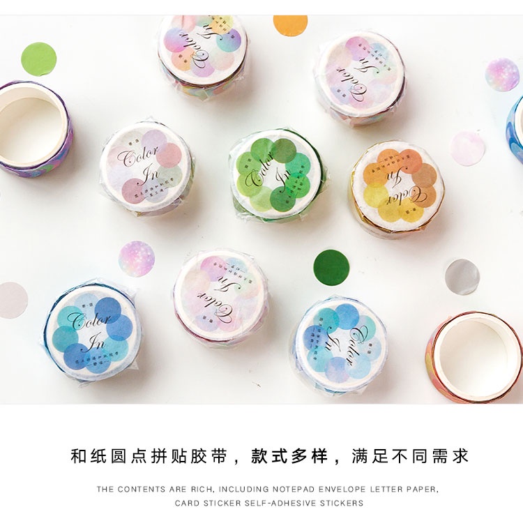 Cuộn băng keo dán washi hình chấm tròn nhiều màu sắc dễ thương 14*14mm