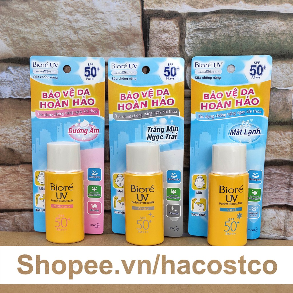 Sữa chống nắng Biore UV Perfect Protect Milk 25ml SPF 50+ PA+++ bảo vệ da hoàn hảo Cool , White , Moisture