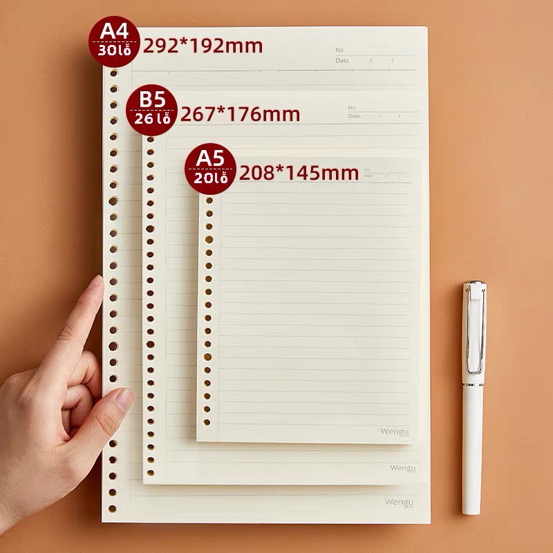 Ruột sổ còng giấy Refill size A4 A5 B5 30 20 26 lỗ Béo shop làm sổ planner bullet journal