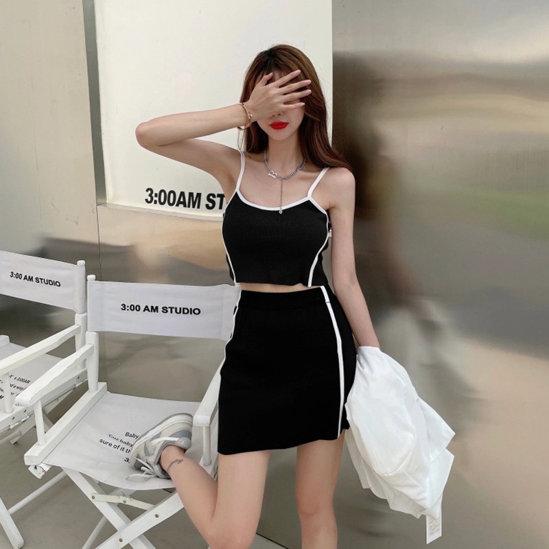 Set Áo Dây Nữ Cộc Tay + Chân Váy Lưng Cao Thời Trang Hàn