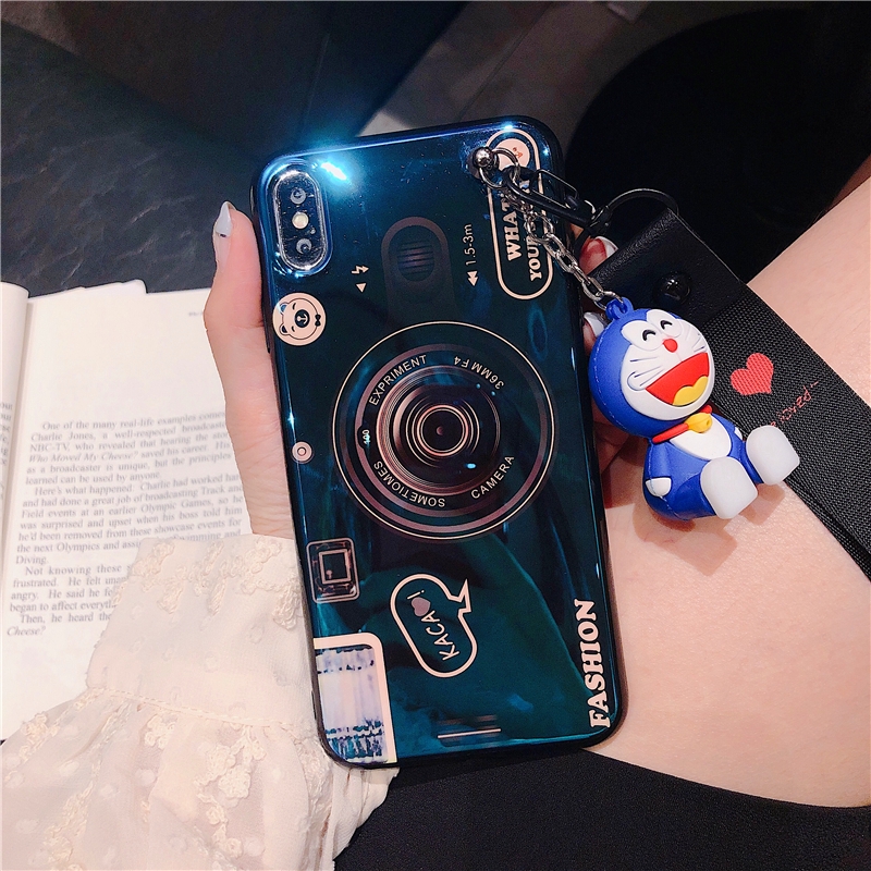 Ốp điện thoại hình máy ảnh ánh xanh có vòng đỡ+dây đeo cổ tay+búp bê cho Xiaomi Redmi 8A 8 7A 7 6A 6 S2 Y2 Y3 5A 5 4X 4