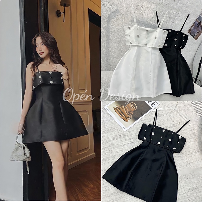 Váy 2 Dây Dáng Xòe Đính Đá Chất Liệu TAFTA