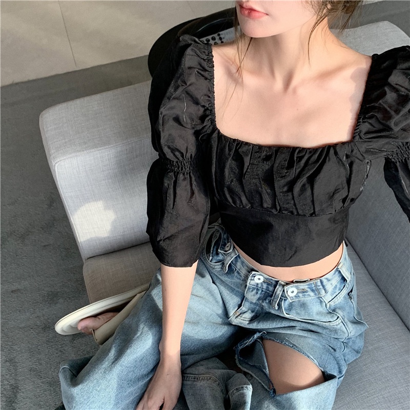 Áo croptop IELGY trễ vai cổ vuông tay phồng thời trang cho nữ