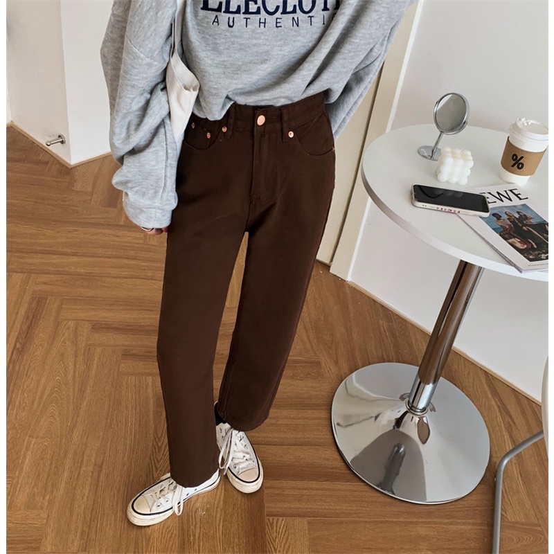 Xiaozhainv Quần Jean Ống Suông Lưng Cao Màu Nâu Thời Trang Hàn Quốc Cho Nữ