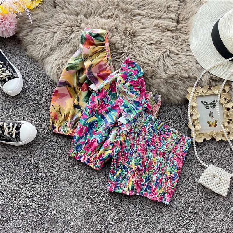 IELGY Áo chiffon Tay Phồng Trễ Vai Phối Bèo In Họa Tiết Trái Tim Gợi Cảm