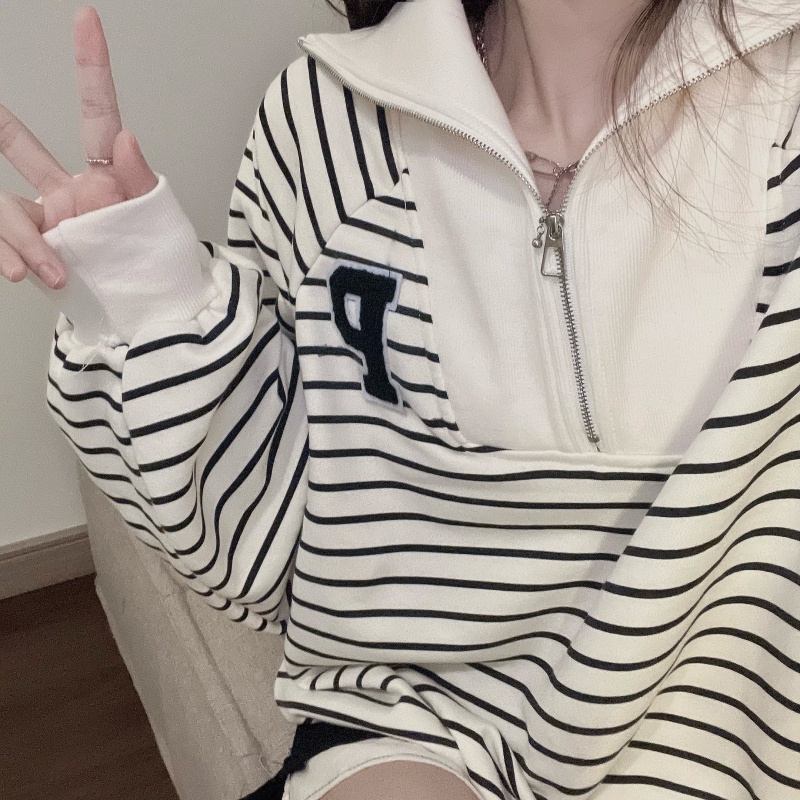 ZHELIHANGFEI Áo Nỉ Tay Dài Cổ POLO Có Khóa Kéo Họa Tiết Kẻ Sọc Thêu Họa Tiết Phong Cách Preppy