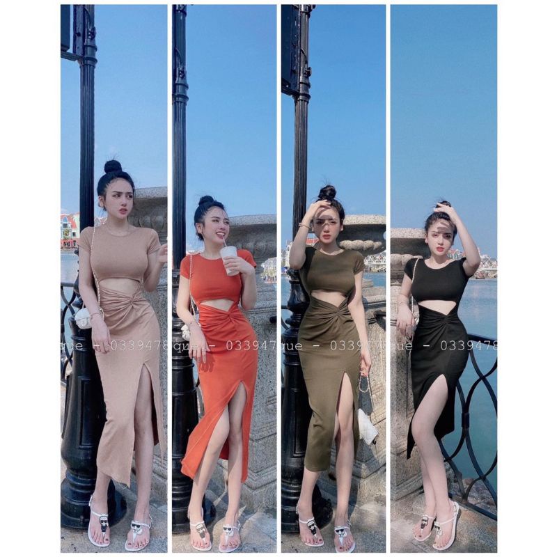 Đầm body tay ngắn khoét eo xoắn 1 bên tà xẻ đùi ( ảnh thật cuối)