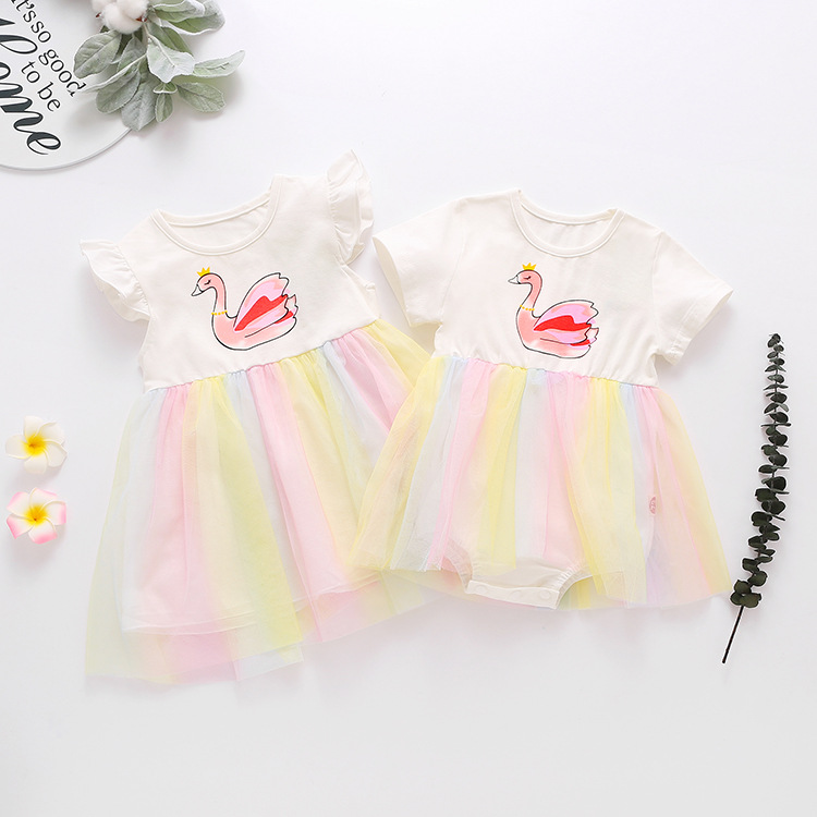 Bộ Áo Liền Quần Phối Váy Dạng Lưới Xinh Xắn Cho Bé Gái 0 - 5 Tuổi