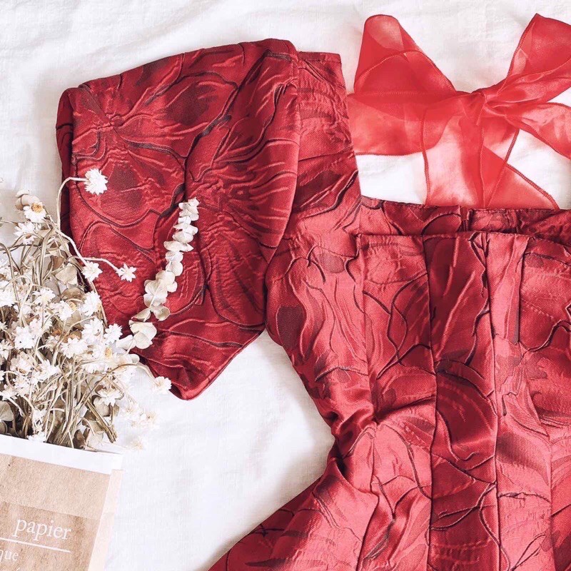 Đầm Gấm Xòe Nơ Lưng Dự Tiệc Tay Bo Phồng (Kèm ảnh thật) | BigBuy360 - bigbuy360.vn