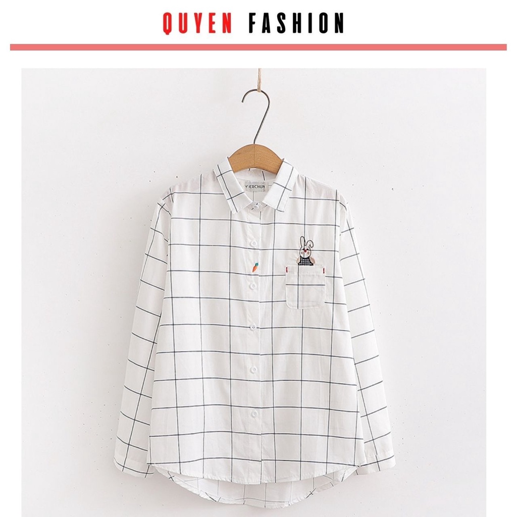 Áo sơ mi thêu hình Thỏ và cà rốt Quyên Fashion AA559 công sở basic màu trắng, kẻ