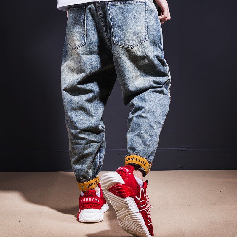 Quần Jeans Lửng 9 Tấc Dáng Rộng Phối Rách Thời Trang Mùa Hè Cho Nam
