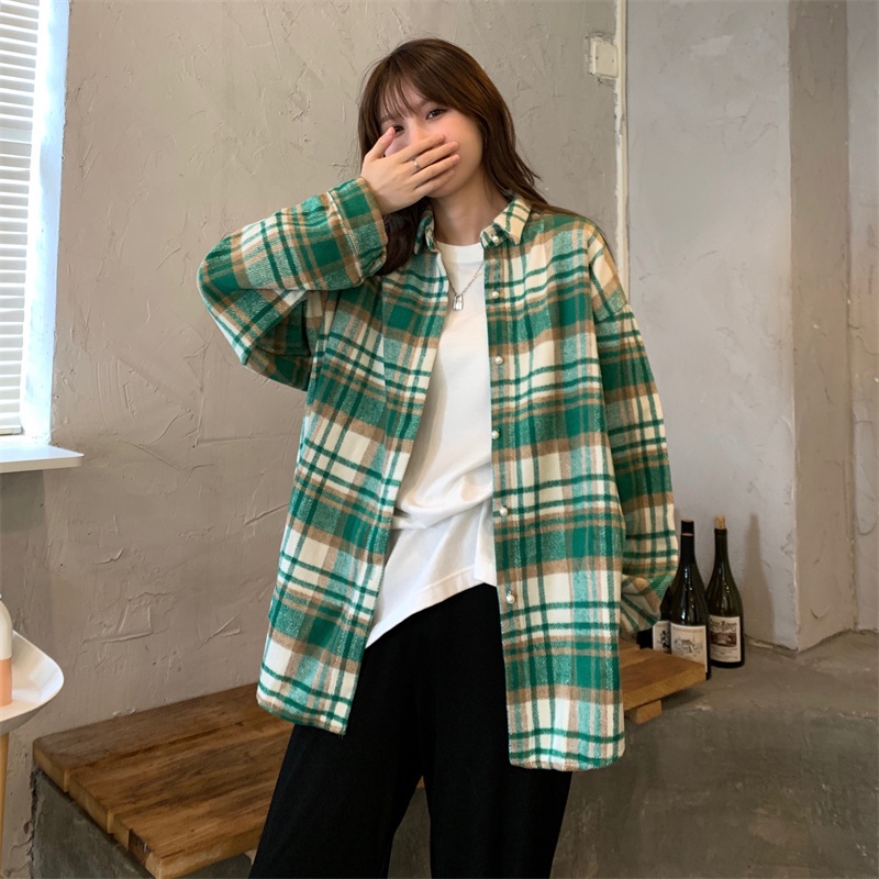 【ZHELIHANGFEI】Áo Sơ Mi Tay Dài Form Rộng Họa Tiết Kẻ Sọc Theo Phong Cách Retro Dễ