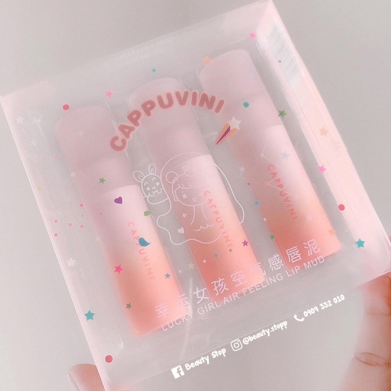 Set 3 Son Kem Bùn Lì Siêu Mượt CAPPUVINI Lucky Girl Air Feeling Lip Mud