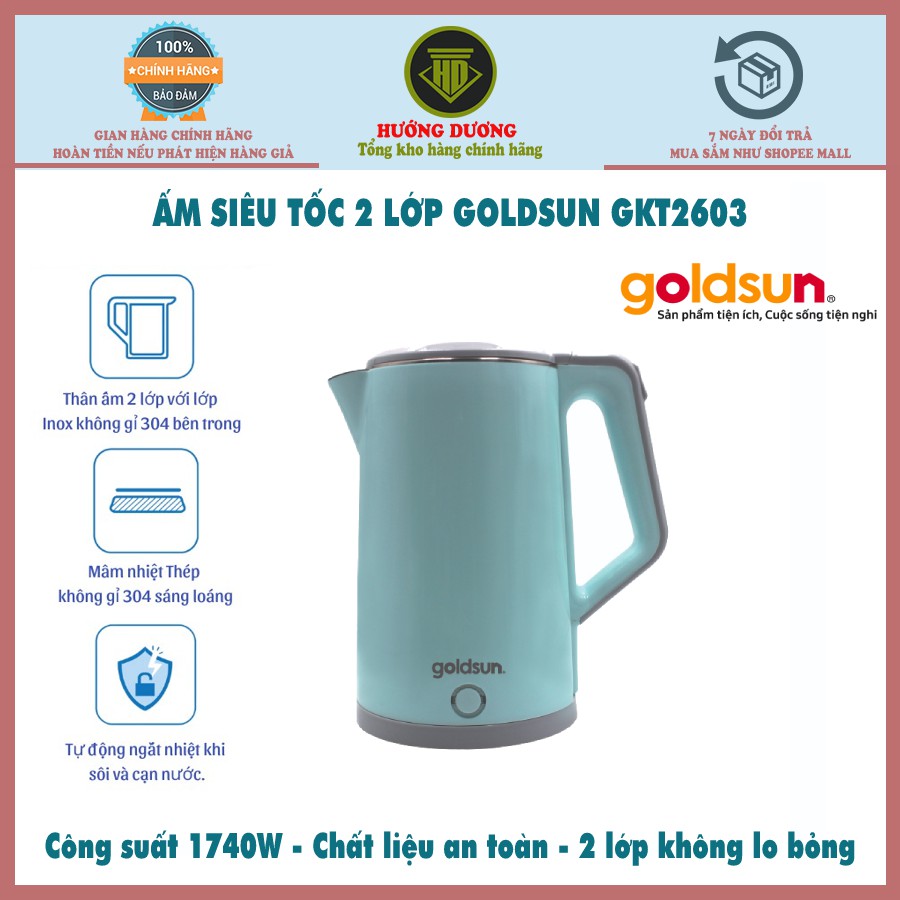 Ấm siêu tốc 2 lớp Goldsun GKT2603 bảo hành 12 tháng Hàng chính hãng