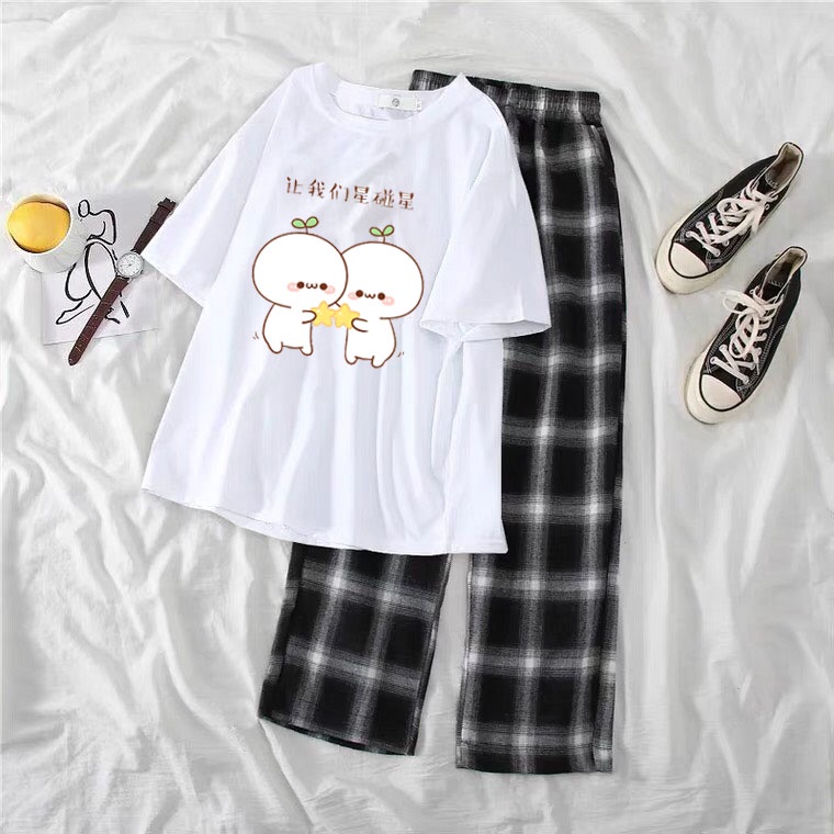 Sét Áo trắng in hình dễ thương + quần kẻ đen, Áo thun from rộng, Chất đẹp không xù, Sét bộ mặc ở nhà - MODY